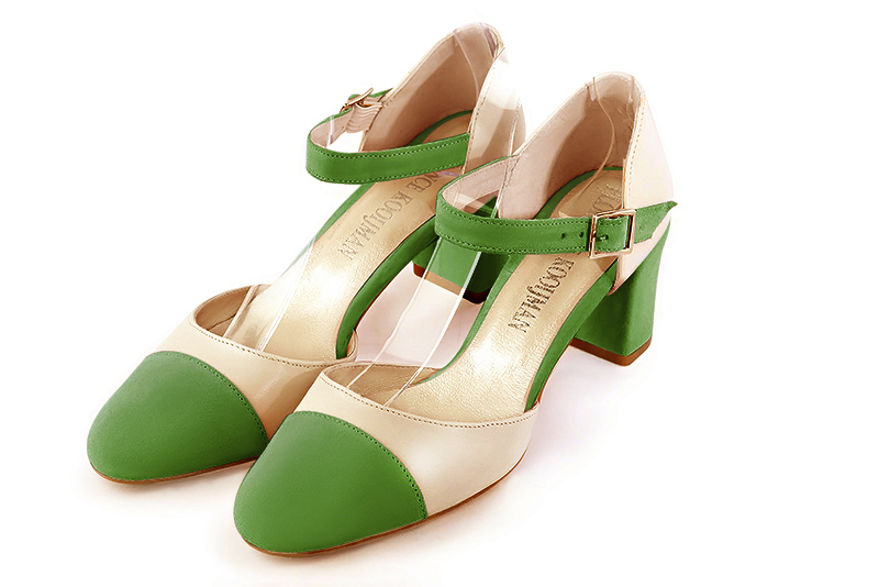 Grass green and champagne white women's open side shoes, with an instep strap. Round toe. Medium block heels. Front view - Florence KOOIJMAN